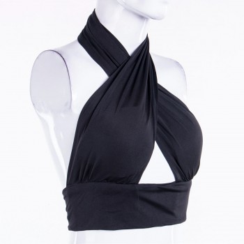 Women Strappy Cross Over Front Cut Out Halter Neck Sleeveless Backless Crop Top Bandage
